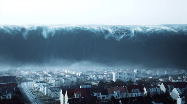 a massive tsunami wave approaching a coastal residential town, enormous dark blue ocean wall across the horizon with thick white crashing foam, neighborhoods and apartment building