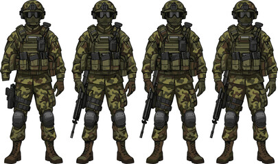 Silhouette illustration of four soldiers in camouflage military gear holding rifles, symbolizing army strength, defense, combat readiness, security, and protection. © Arif Creatives