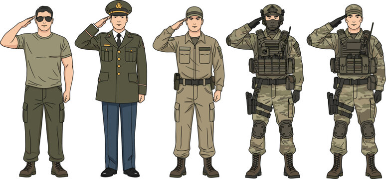 Silhouette military personnel standing in line saluting, diverse uniforms from casual to tactical gear showing discipline, respect, unity illustration vector