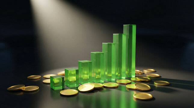 Rising Bar Chart with Golden Coins Stack Growth Concept. 3D render of ascending green bar graph with scattered gold coins on reflective dark surface, dramatic spotlight, no people