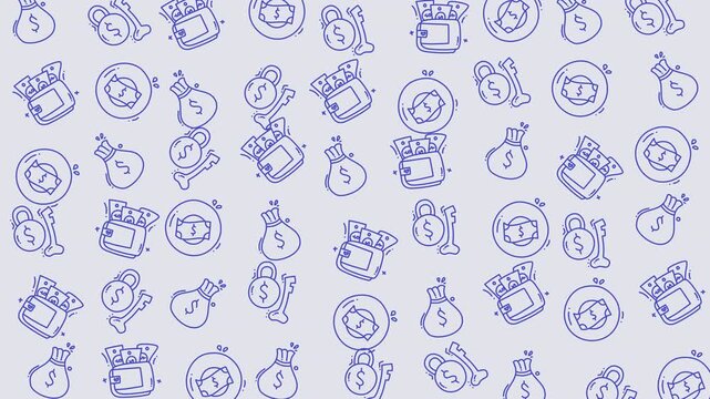 Blue pattern featuring money bags, coins, and wallets. Ideal for finance, savings, investment, and budgeting concepts in designs.