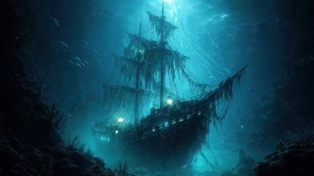 Mystical underwater shipwreck scene.