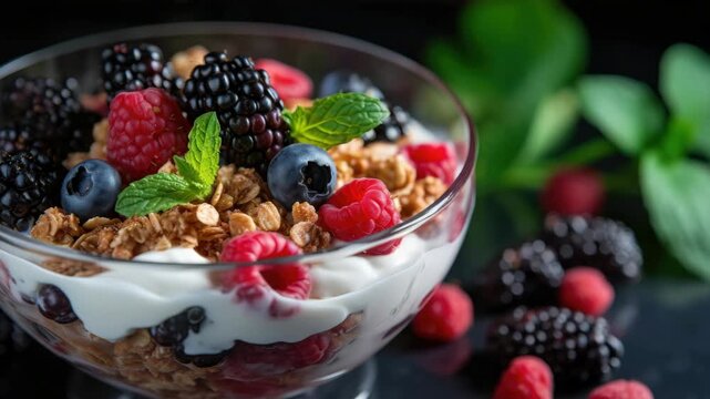 Fruit parfait with granola and yogurt.