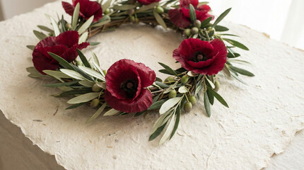 Victory in Europe Day Red Poppies Memorial Wreath. Crimson poppies arranged in circular wreath with olive branches on cream textured paper background, soft natural light