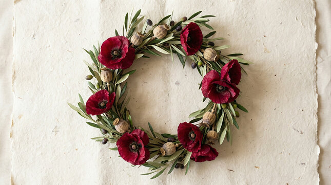 Victory in Europe Day Red Poppies Memorial Wreath. Crimson poppies arranged in circular wreath with olive branches on cream textured paper background, soft natural light