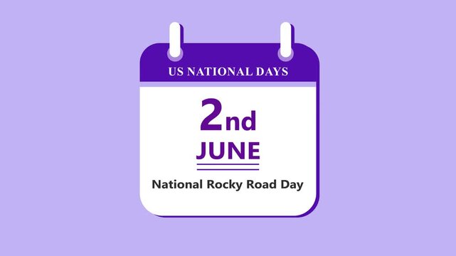 Nature exploration calendar interface showing 2nd June National Rocky Road Day with clean minimal date layout and dessert theme on purple background 4k visuals