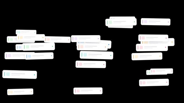 Message notifications fountain fly up in a dense stream representing viral engagement and communication overload for digital interface editing overlays.