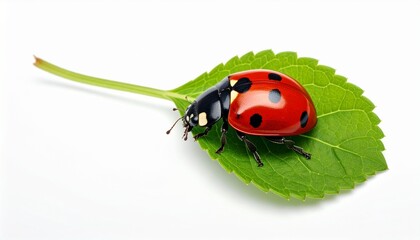 Fototapeta premium Ladybug resting on a vibrant green leaf against white background.