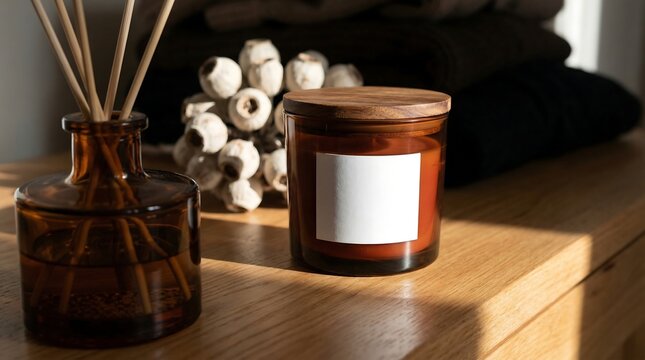 Amber glass diffuser bottle with wooden reeds beside scented candle with blank label on wooden surface, home decor png set