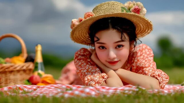 Spring Summer outdoor leisure relaxation activity. A portrait of a young woman lying on a red and white checkered picnic blanket.