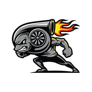 A muscular turbo mascot with a fierce expression and flames erupting from its exhaust charges forward with determined energy against a clean white background