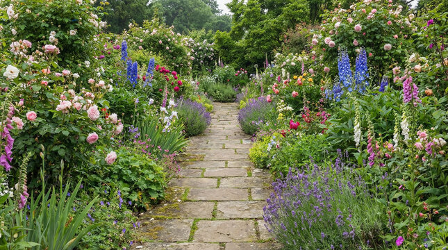 Cottage Garden Path Stone Walkway Flower Borders. Winding flagstone path through lush English cottage garden with colorful flower borders, soft diffused daylight, no people