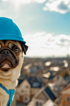 A pug dog standing on the roof, wearing a hard hat, against a cityscape or urban background. vertical frame
