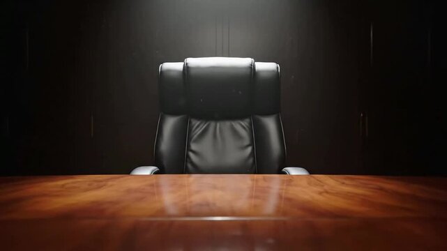 Leather chair illuminated on wooden table in dark room