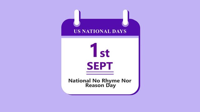 Language creativity calendar interface showing 1st September National No Rhyme Nor Reason Day with clean minimal date layout and wordplay theme on purple background 4k animation video