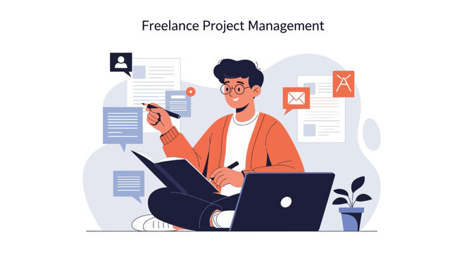 Freelance Project Management: Man Working Remotely with Laptop and Notebook