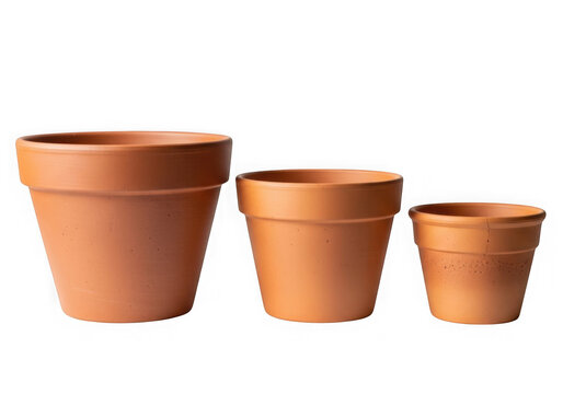 Three terracotta pots in different sizes isolated on transparent background