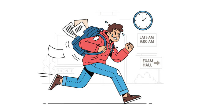 Anxious student in red hoodie runs frantically to an exam hall as time runs out