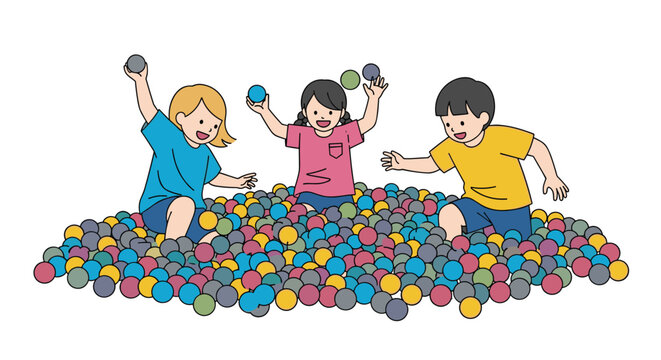 Three happy children laughing and playing together in a colorful ball pit filled with many small round balls at a playground.