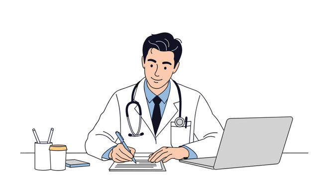 Professional male doctor sitting at his office desk with a laptop and writing medical prescriptions or notes on paper.