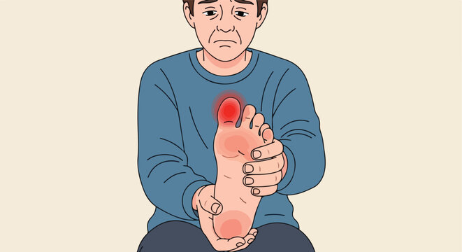 Illustration of a sad man holding his painful foot with red swollen toe spots