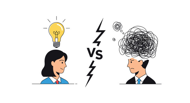 Conceptual illustration of two people showing the contrast between a clear creative idea and a stressed messy mind with scribbles.