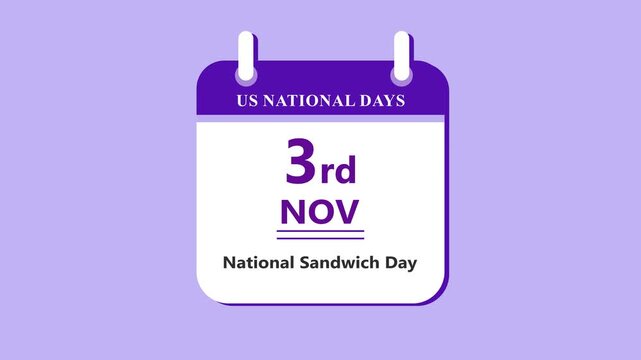 Food sandwich calendar interface featuring 3rd November National Sandwich Day with clean minimal date layout and meal theme on purple background 4k visuals