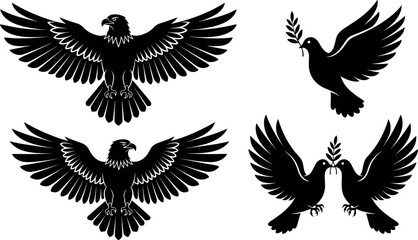 Obraz premium Black bird silhouette vector set with eagle dove peace symbol flying wings and decorative avian illustrations collection