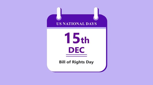 Historical rights calendar interface showing 15th December Bill of Rights Day with clean minimal date layout and legal heritage theme on purple background 4k animation video