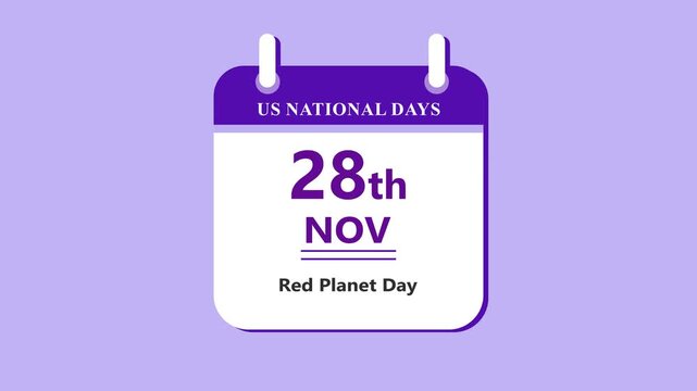 Environmental awareness calendar interface featuring 28th November Red Planet Day with clean minimal date layout and space theme on purple background 4k animation video