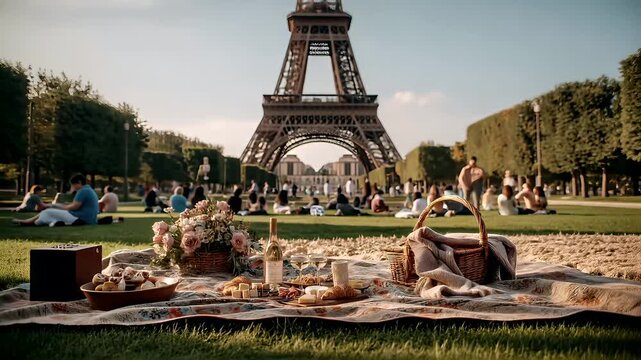 Spring Summer outdoor leisure relaxation activity. A vivid outdoor scene depicts a picnic in front of the Eiffel Tower in Paris, France.