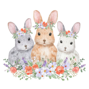 Adorable watercolor rabbits with floral wreaths surrounded by flowers for cute animal or springtime themes