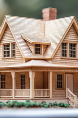 Obraz premium A small scale wooden model of a house placed on a table, perfect for decorating or displaying. vertical frame