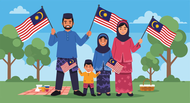 Happy family in traditional clothes waving national flags at a park picnic day!