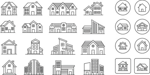 Naklejka premium House Line Icon Collection with Various Residential Building Designs and Real Estate Symbols for Architecture UI Interface and Property Graphics