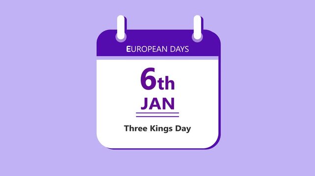 Religious celebration calendar interface featuring 6th January Three Kings Day with clean minimal date layout and cultural theme on purple background 4k animation video