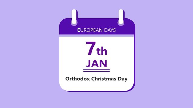 Religious holiday calendar interface showing 7th January Orthodox Christmas Day with clean minimal date layout and faith theme on purple background 4k visuals