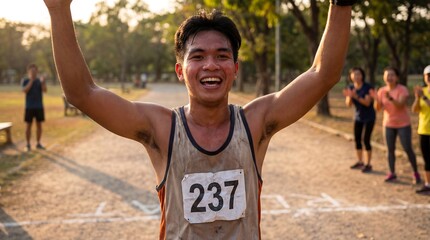 Obraz premium Young man celebrating finishing a race with arms raised in victory on a track