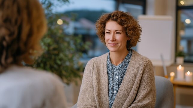 Addiction counselor and client sit facing each other in a warm candlelit therapy space, dopamine circuit diagram visible on a nearby whiteboard, spring greenery outside the window, perfect for