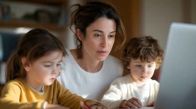 Military spouse updating a professional resume at a base library computer while her two children do homework at the same table, afternoon sun striping the floor, perfect for military spouse