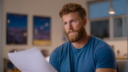 Fototapeta premium Veteran student in a campus veterans resource office filling out housing benefit paperwork, diploma and discharge certificate framed side by side on the wall behind the counselor, perfect for