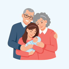 Obraz premium Multi-generational family portrait with grandparents, mother and a newborn baby