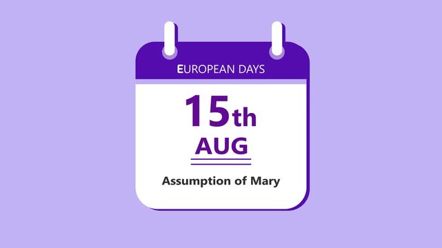 Religious observance calendar interface featuring 15th August Assumption of Mary with clean minimal date layout and faith tradition theme on purple background 4k animation video