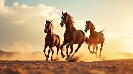 Fototapeta premium Three chestnut horses with white facial markings gallop powerfully across a sunlit desert plain, kicking up dust, against a golden sunset sky with distant mountains.