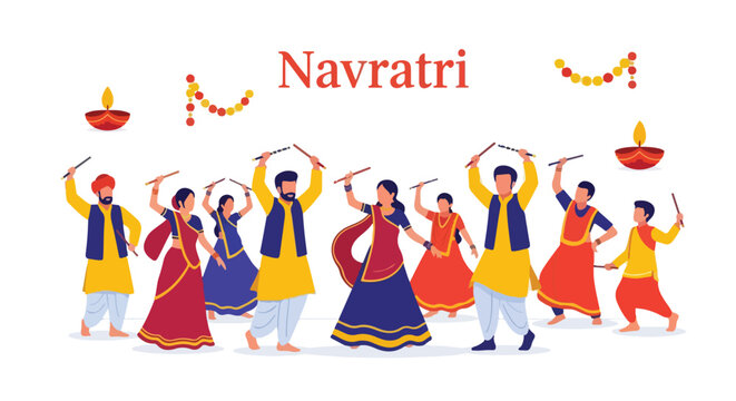 People in colorful traditional Indian attire dancing Dandiya for Navratri event