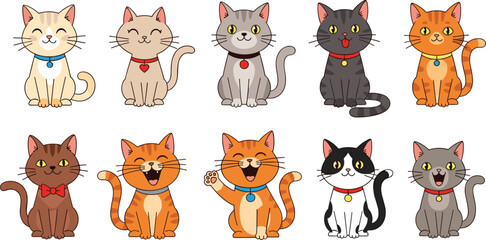Vector Icon Set of Cute Cartoon Cats and Domestic Kittens Wearing Colorful Collars with Bells and Heart Charms Featuring Happy Expressions and Waving Poses for Pet Branding and Nursery Graphic Designs © Mdsahidul