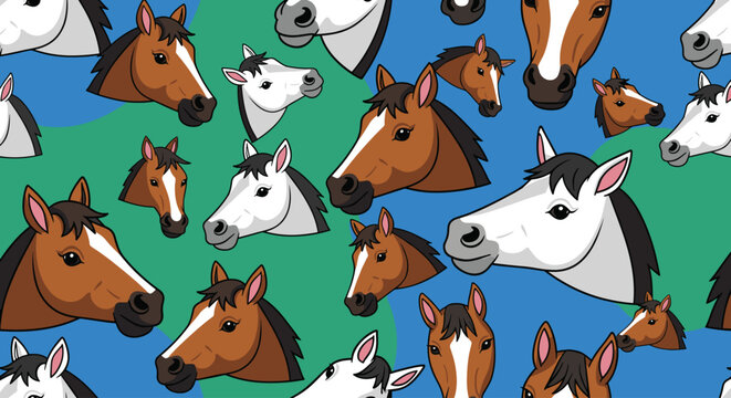 Many Different Horse Heads Illustration.