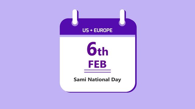 Cultural identity calendar interface showing 6th February Sami National Day with clean minimal date layout and heritage theme on purple background 4k visuals
