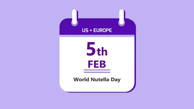 Chocolate spread calendar interface featuring 5th February World Nutella Day with clean minimal date layout and dessert theme on purple background 4k animation video