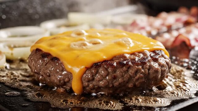 Close-up of a thick beef burger patty with melted cheddar cheese searing on a professional flat top grill with sizzling oil and steam, featuring sliced onions and bacon in the background.